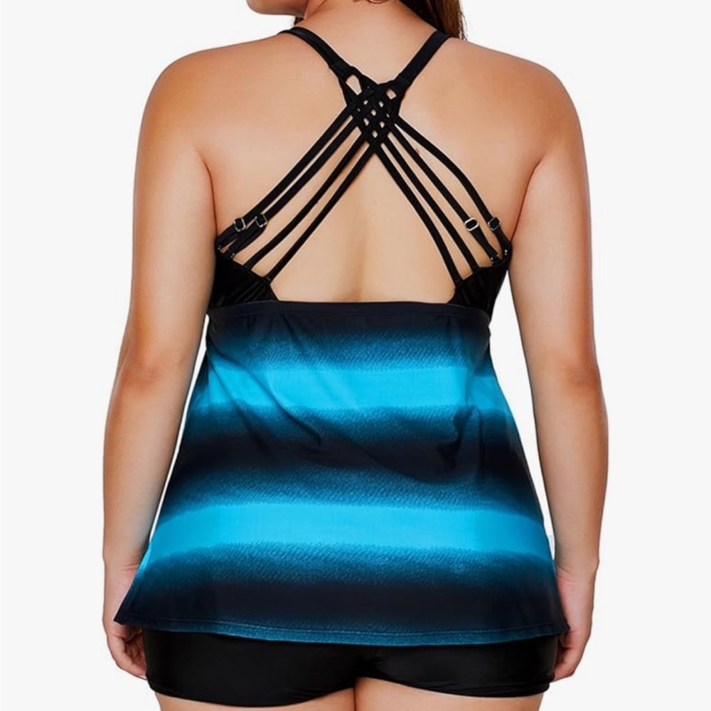 NWOT Two Piece Tankini Bathing Suit with boy shorts Color Block Striped Large - Picture 3 of 15